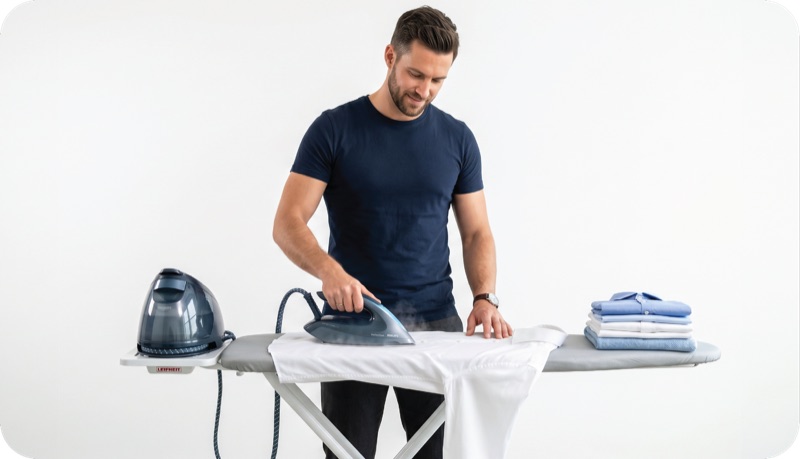 A person ironing a fresh shirt